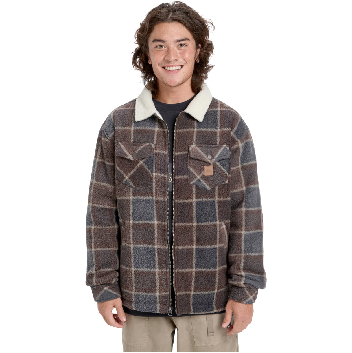 2026 Quiksilver Da Uomo Giacca Sherpa Fleece EQYPF03080 - Chocolate Brown Sherpa Plaid